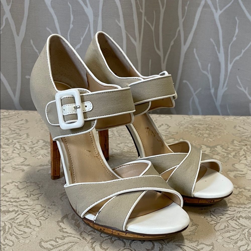 Marc Fisher Beige and White Strappy Heels Size 7-1/2 M with Cork-looking Heels